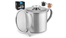 Kitchen Bacon Grease Container Strainer Cooking Curved Handle Stainless Steel 1L