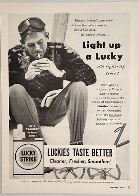 1956 Print Ad Lucky Strike Cigarettes Man Smokes Luckies Snow Skiing