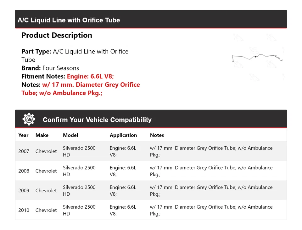Жидкостная леска переменного тока для 2007-10 Chevrolet Silverado 2500 HD с диафрагменной трубкой 4 сезона - Изображение 2 из 4