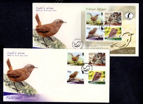 Falkland Islands - 2009 Cobb's Wren Set + MS on 2 x First Day Cover