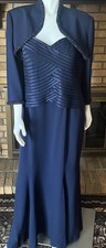 Daymor Couture Navy Crepe  Satin Beaded Gown With Jacket Size 18/20