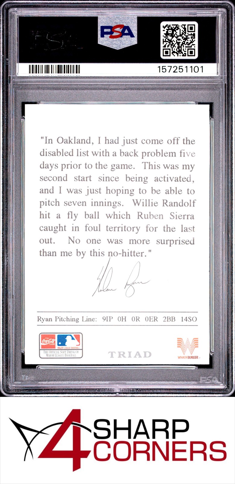 1993 WHATABURGER NOLAN RYAN 6th NO-HITTER HOF PSA 10 view 2