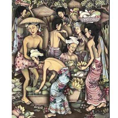 Vintage Balinese Ubud Green Market Painting