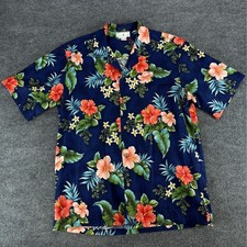 Hawaii Mens XL Navy Blue Hibiscus Floral Cotton Camp Shirt Made in Hawaii USA