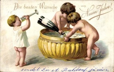 Embossed Litho Happy New Year, Kids Drinking Champagne - 11525182