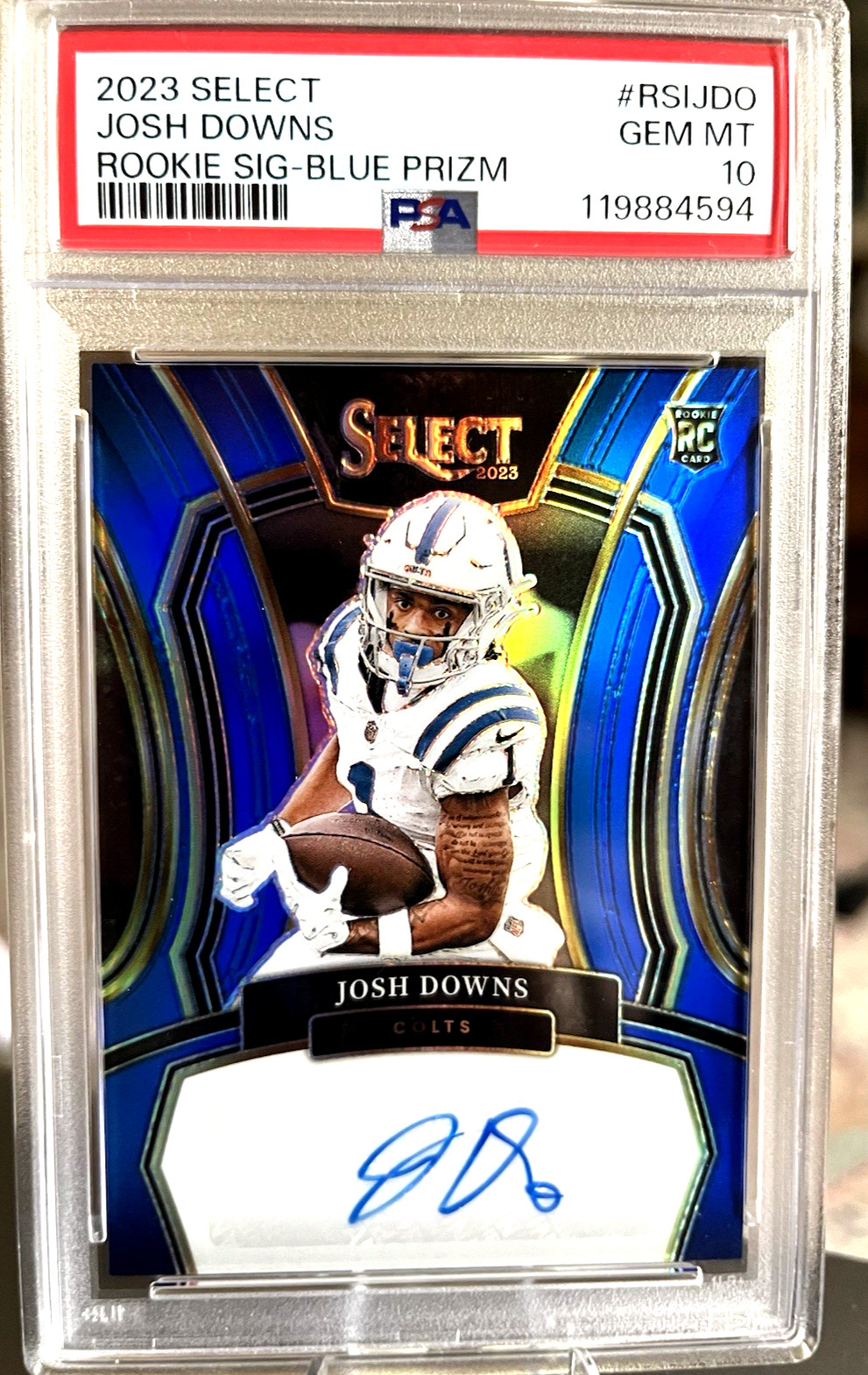 Josh Downs ~ 2023 Panini Select Rookie Signatures Auto Blue Prizm #/99 PSA 10