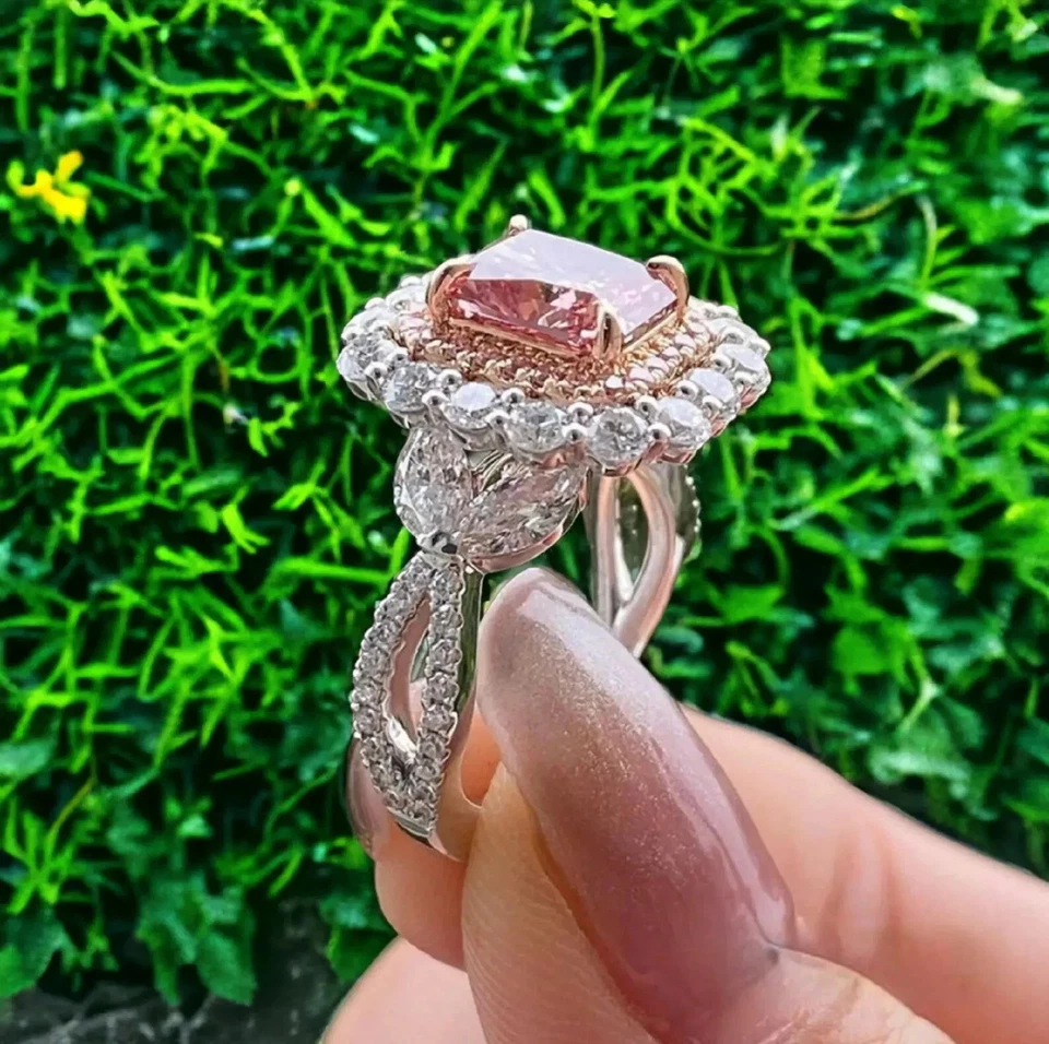 Anillo de diamantes de zafiro rosa natural talla esmeralda de 4,00 quilates de oro blanco de 14 quilates talla 7 Foto 3 de 4