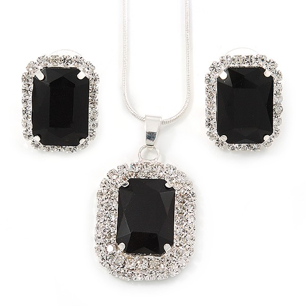 Black/ Clear Crystal Square Pendant with Silver Tone Chain and Stud Earrings