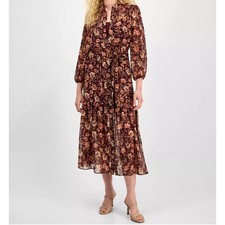 Julia Jordan Dress Brown Multi Floral Chiffon Tie Waist Midi 3/4 Sleeve 20W New