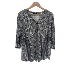 Lucky Brand Top Womens 1X Boho Medallion Black White Lace Trim EUC
