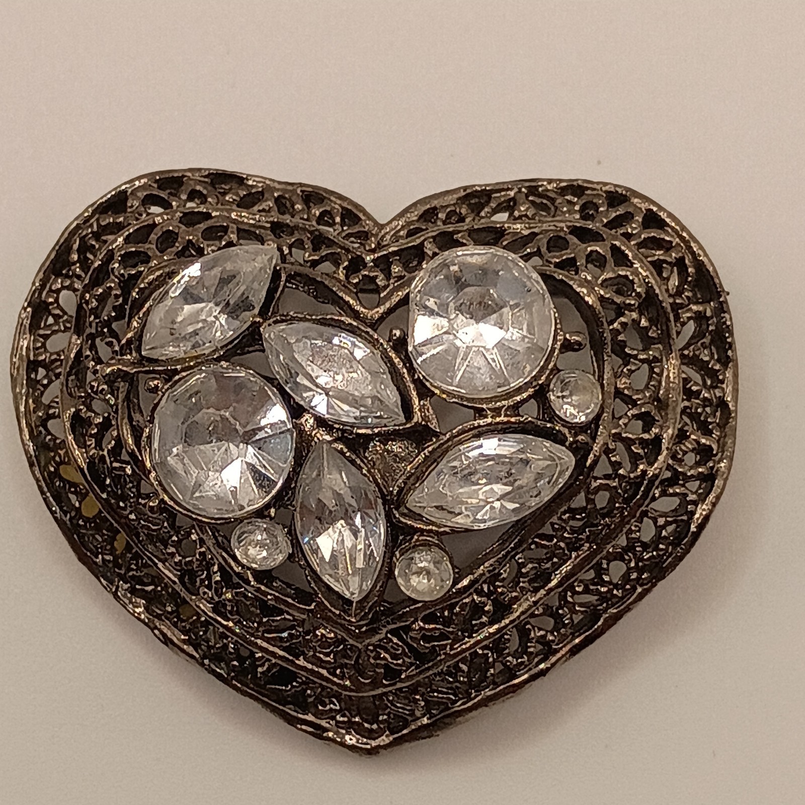 Vintage Style Dark Heart Brooch Pin Filigree Clear Rhinestones