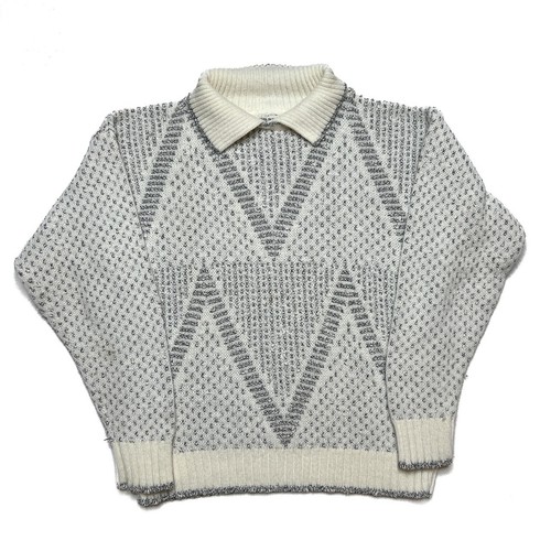 Alfred Dunner Vintage 90s Collared Sweater Geometric Knit Cream Zig Zag Womens M