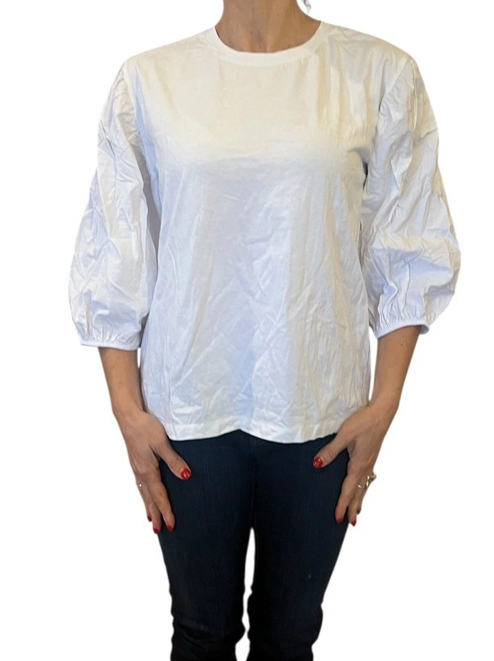 Camiseta Top Zara Voluminous Globo Manga 3/4 Blanca Algodón 0085/635 Grande Foto 2 de 4