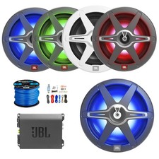 JBL 8" 450W Marine LED Speaker w/White  Gray Grilles Qty 4 , 12" Sub, Amp,Wire