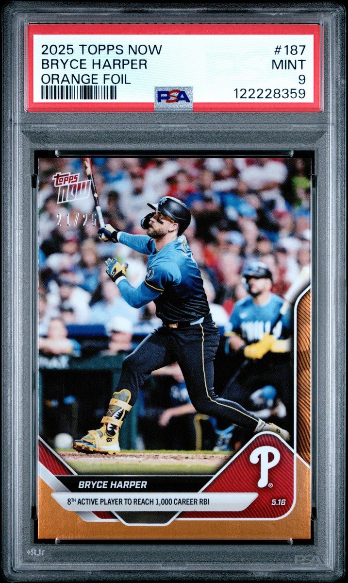 Graded 2025 Topps Now Bryce Harper #187 Orange Foil /25 Baseball Card PSA 9  Mint