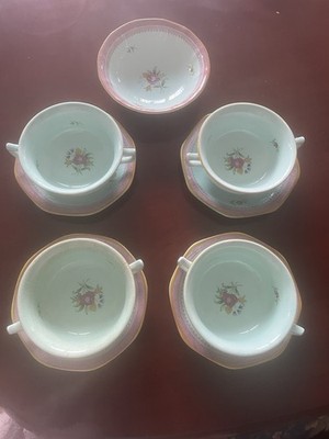 Adams LOWESTOFT  Calyx Ware 4 Cream Soup Bowls & Saucers Pink Rims 8 oz + x bowl