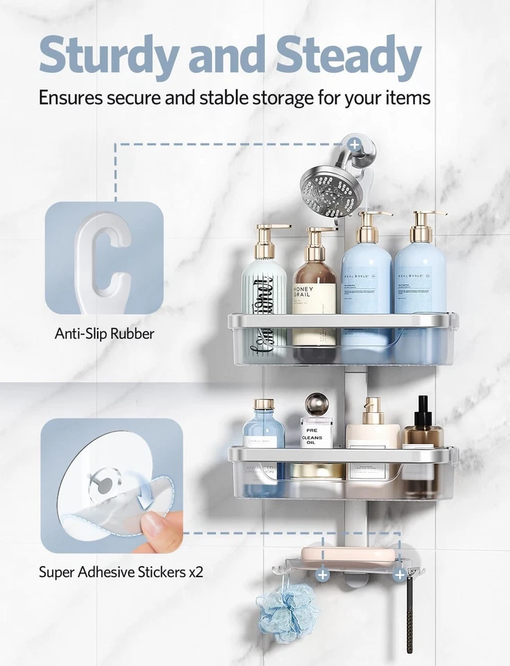 LAMU 3-Tier Hanging Shower Caddy Rustproof Organizer Over Showerhead Hooks - Image 3 of 4