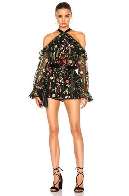 $539 ALEXIS ''Brenna'' Floral off-shoulder long sleeve Romper - Black Garden -  S