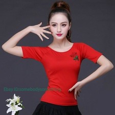 Women Latin Dance Blouse T-shirt Top Ballroom Salsa Tango Floral Embroidery YM0