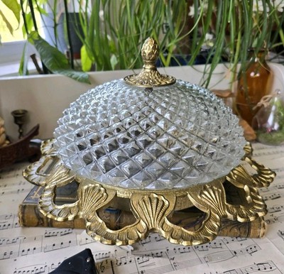 Vintage Deckenlampe Leuchte Hollywood Regency Stil Messingguss Kristall geschliffenes Glas 