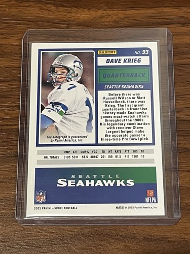 2025 Score Football Dave Krieg #93 Vet Auto Seattle Seahawks - 第 2/2 張圖片