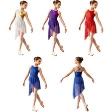 Girls Leotard Soft Chiffon Dance Gown Splice Design Dresses Asymmetrical Hem