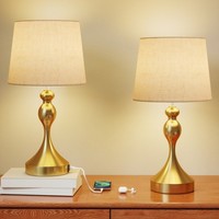 HOMCOM Table Lamps Set of 2, Modern Bedside Lamps with USB Ports, Gold Tone