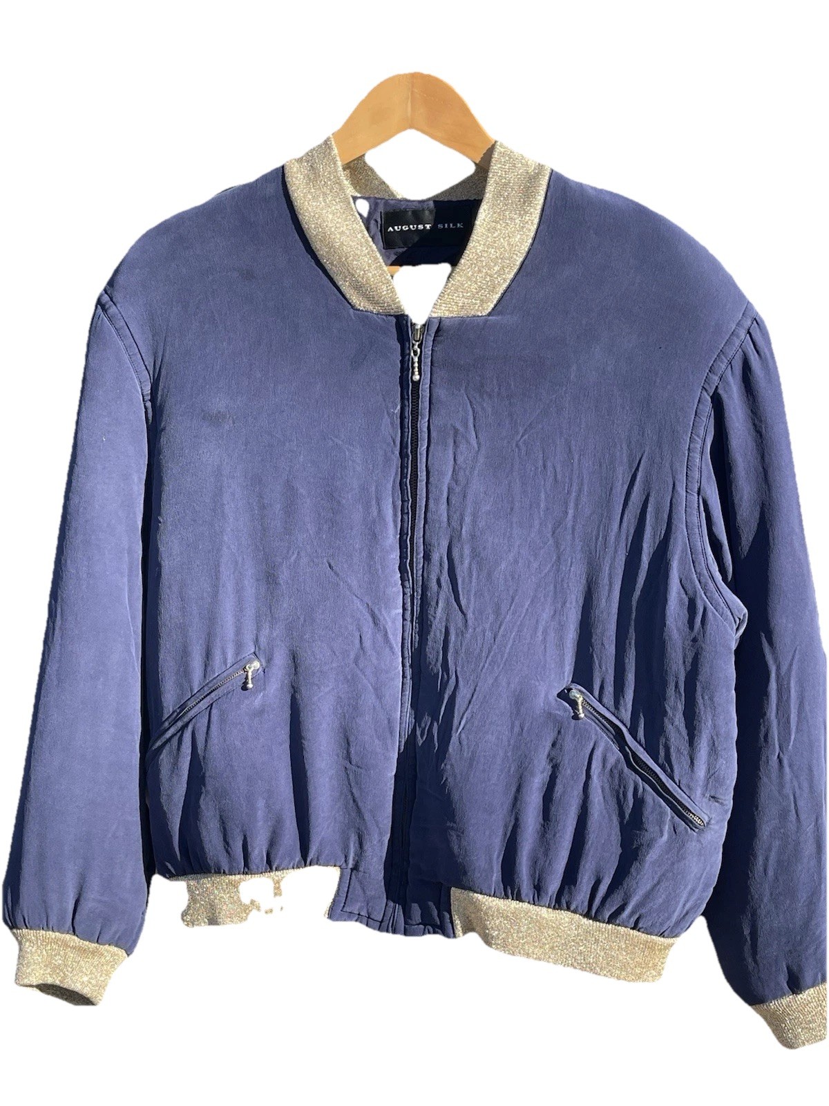 August Silk Women's Bomber Jacket Blue Medium Embroidered Clock Vintage