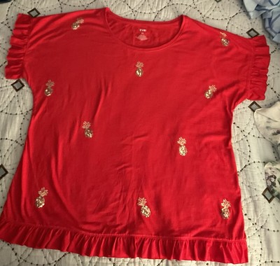 Adorable Red W/ Gold Pineapple Sequin Design Short Sleeve Tropical Shirt 0X New