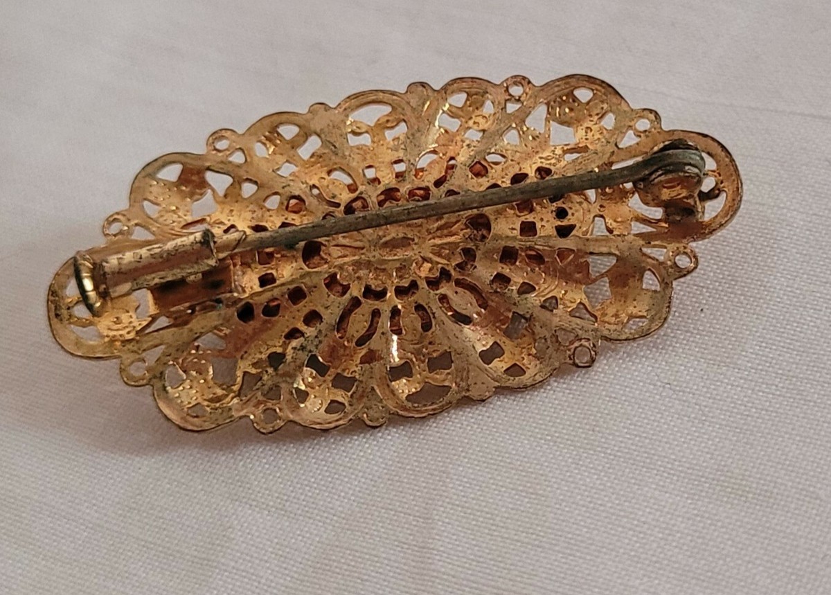 Broche Vintage En Verre Turquoise - Filigrane Doré - Taille 4cm - Occasion