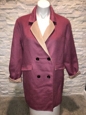 NWT LOGO by LORI GOLDSTEIN Button Front Coat Contrast Lapel Wool Blend  Rspbry