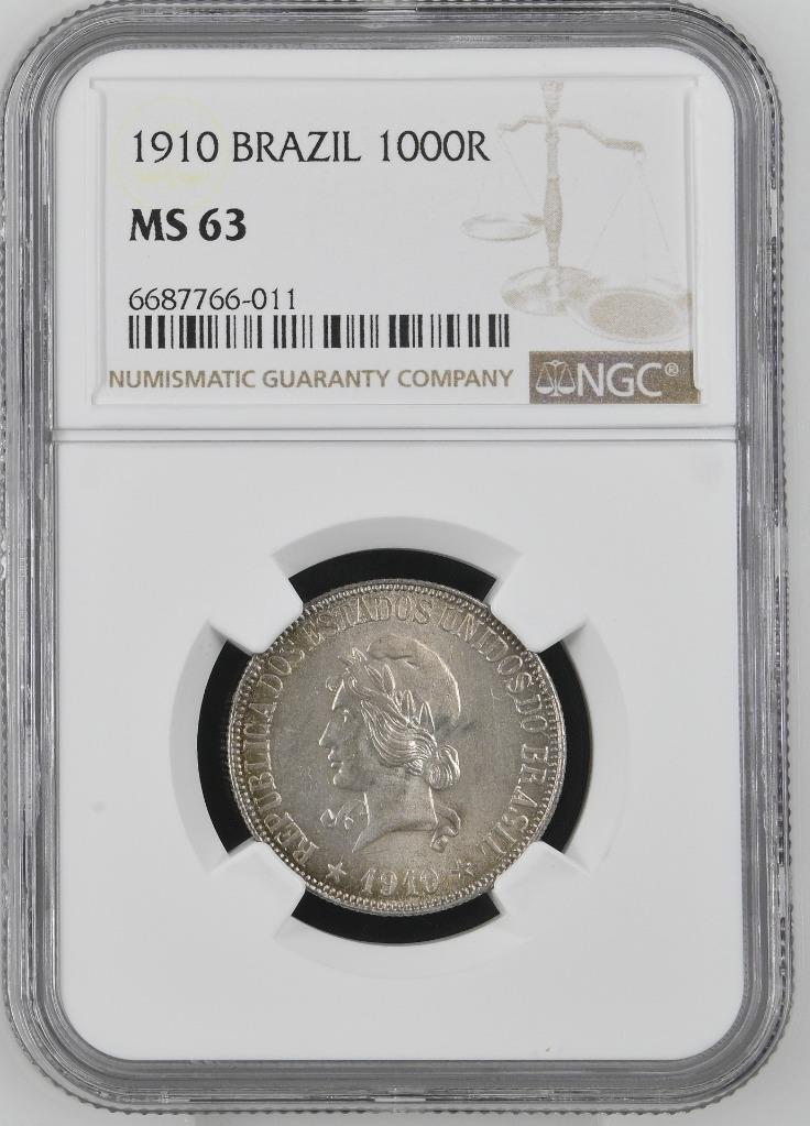 Brazil 1000 Reis 1910 NGC MS 63