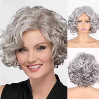 Short Grey Wigs for White Women Natural Curly Short Layered Silver Gray Pixie 