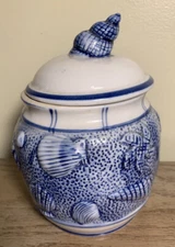 SEASHELL OCEAN LIFE SHELL Ceramic Blue And White Canister, Beautiful