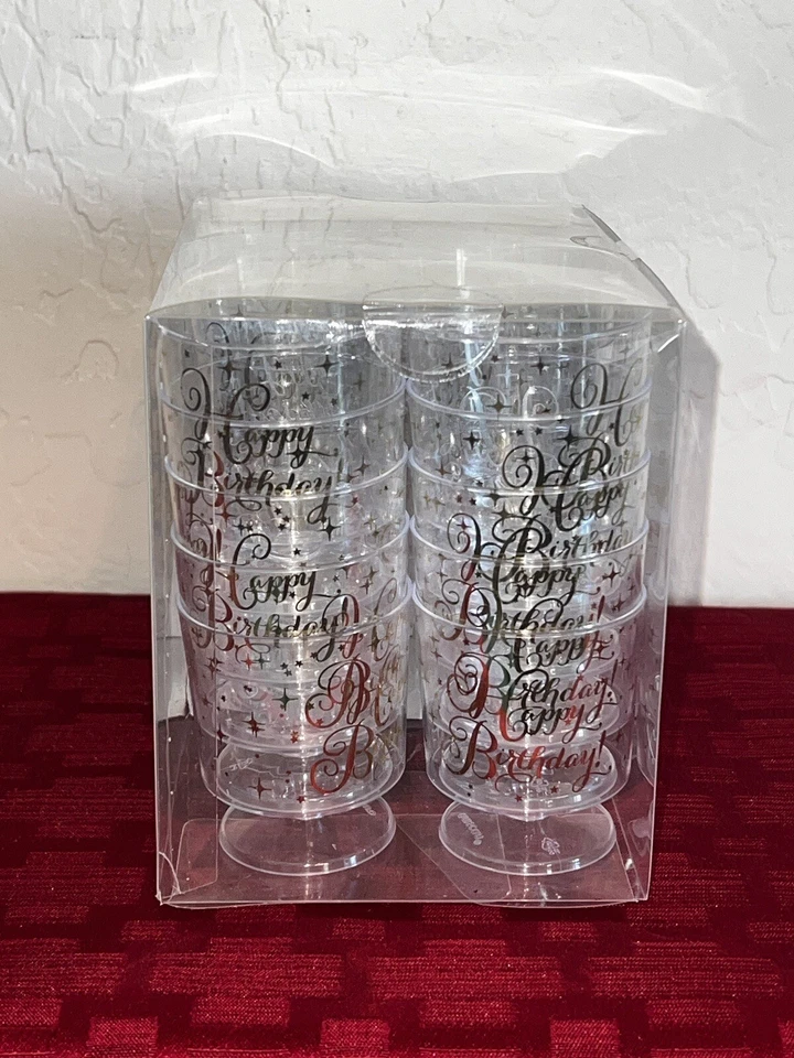 Copos minúsculos de pedestal “Feliz Aniversário” transparentes com ouro 30 unidades ~ 2 fl oz shot/sobremesa - Imagem 3 de 4