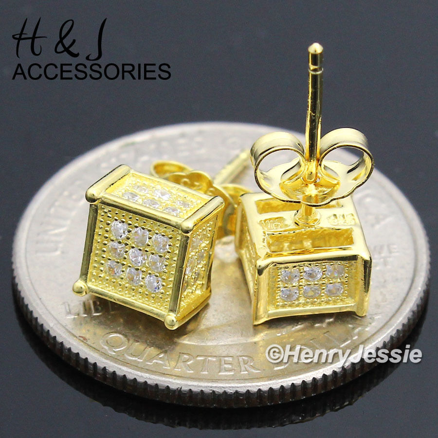 MEN WOMEN 925 STERLING SILVER SQUARE 6MM ICY CZ GOLD PLATED MEN WOMEN 925 STERLING SILVER SQUARE 6MM ICY CZ GOLD PLATED