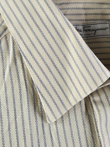 Salvatore Ferragamo R 16.5 Italy Made Ivory Blue Striped Long Sleeve Button Up - Picture 3 of 17