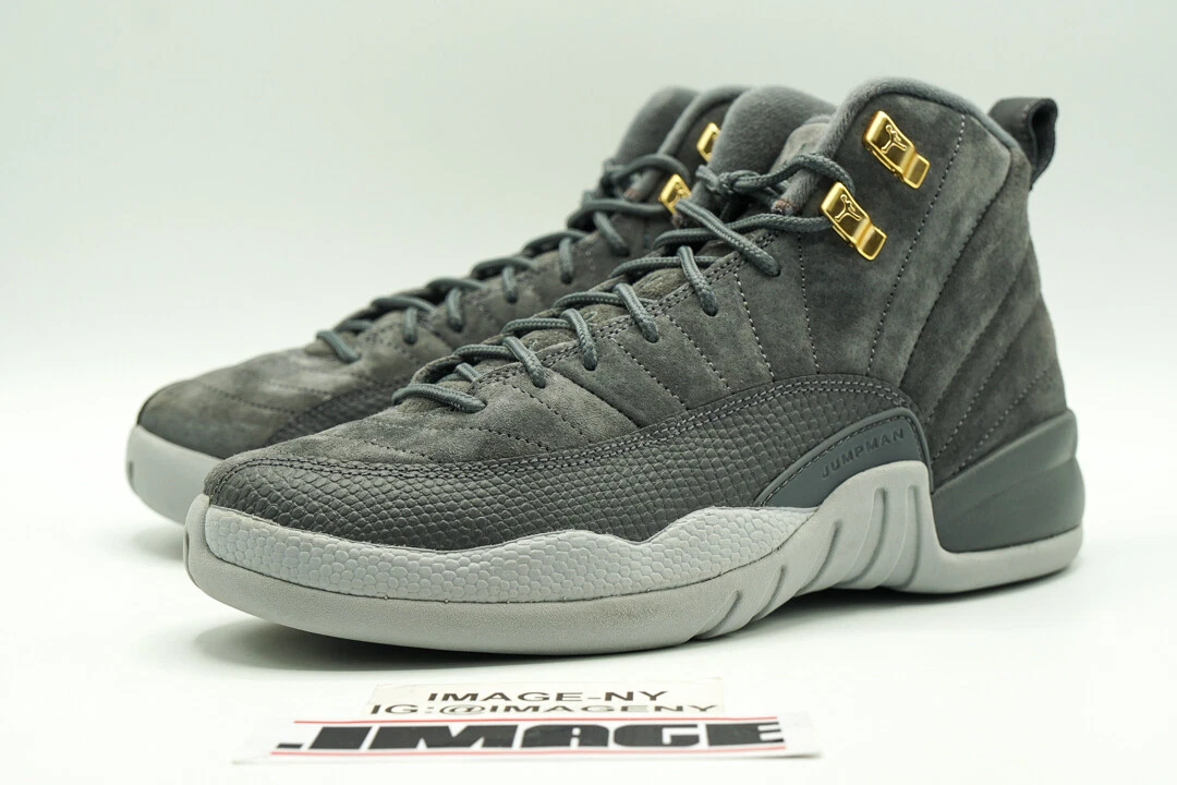 Jordan 12 hotsell gray and gold