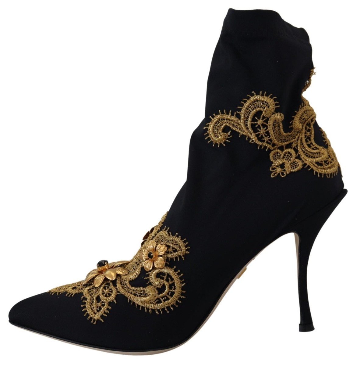 DOLCE & GABBANA Shoes Black Gold Embroidery Slip On Boots