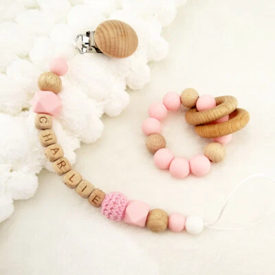 HANDGEFERTIGT 1 set Schnullerkette mit Namen Beißring aus Silikon Geburt Nuckelkette Geschenk