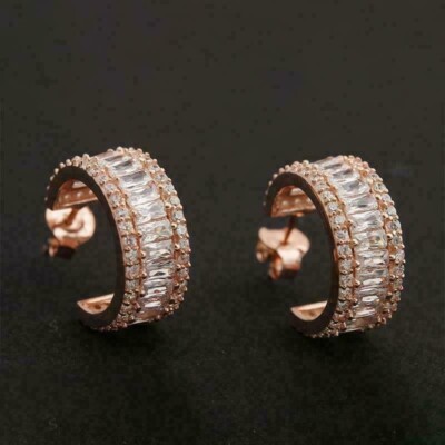 4Ct Baguette Cut Lab-Created Diamond Huggie Hoop Earrings 14K Rose Gold Finish