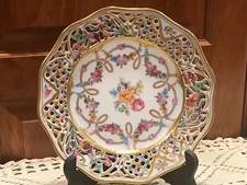 8.75" Plate 1920s DRESDEN SCHUMANN BAVARIA HP Flowers Pierced Old Blue Mark Lion