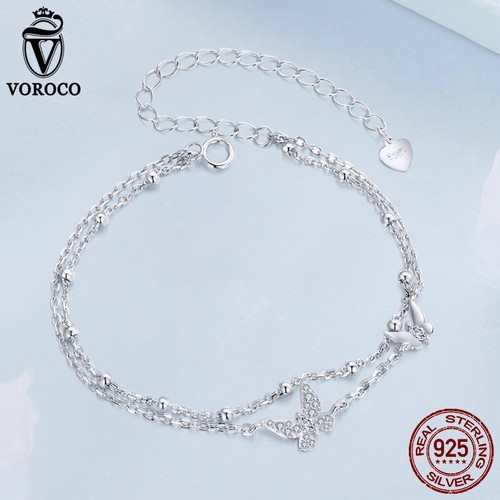 Voroco Mujer Plata Esterlina 925 Doble Capa Mariposa Pulsera Cadena Joyería - Imagen 5 de 14
