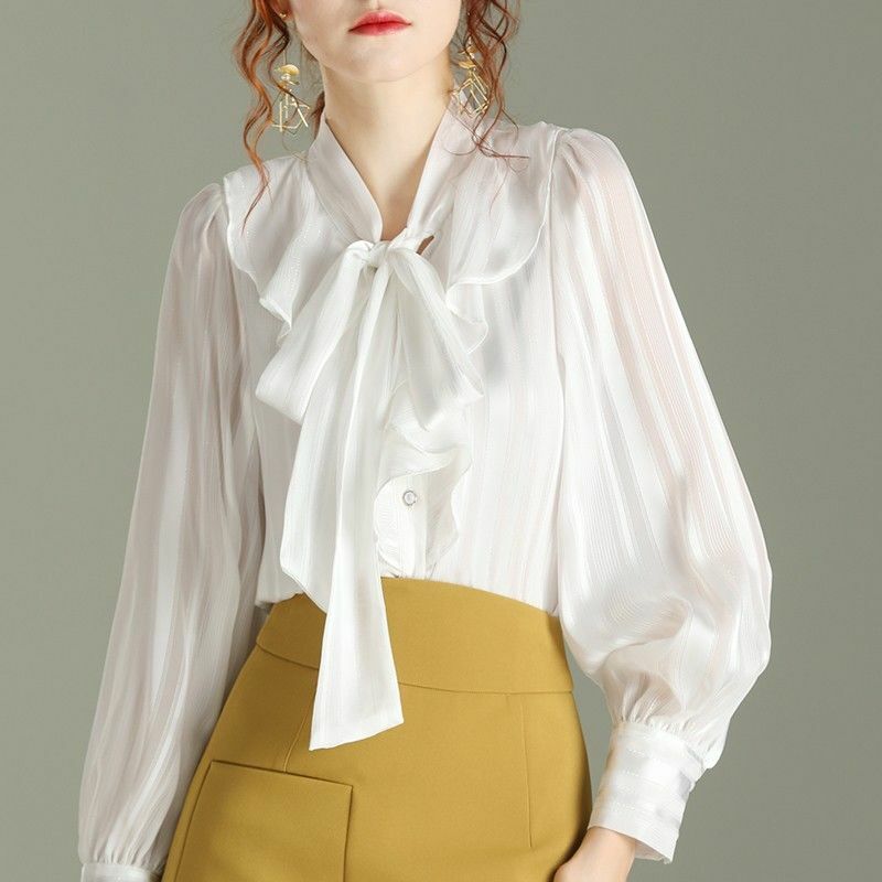 Women Shirt Chiffon Bow Tie Neck Ruffle Sweet Blouse Lantern Women Shirt Chiffon Bow Tie Neck Ruffle Sweet Blouse Lantern