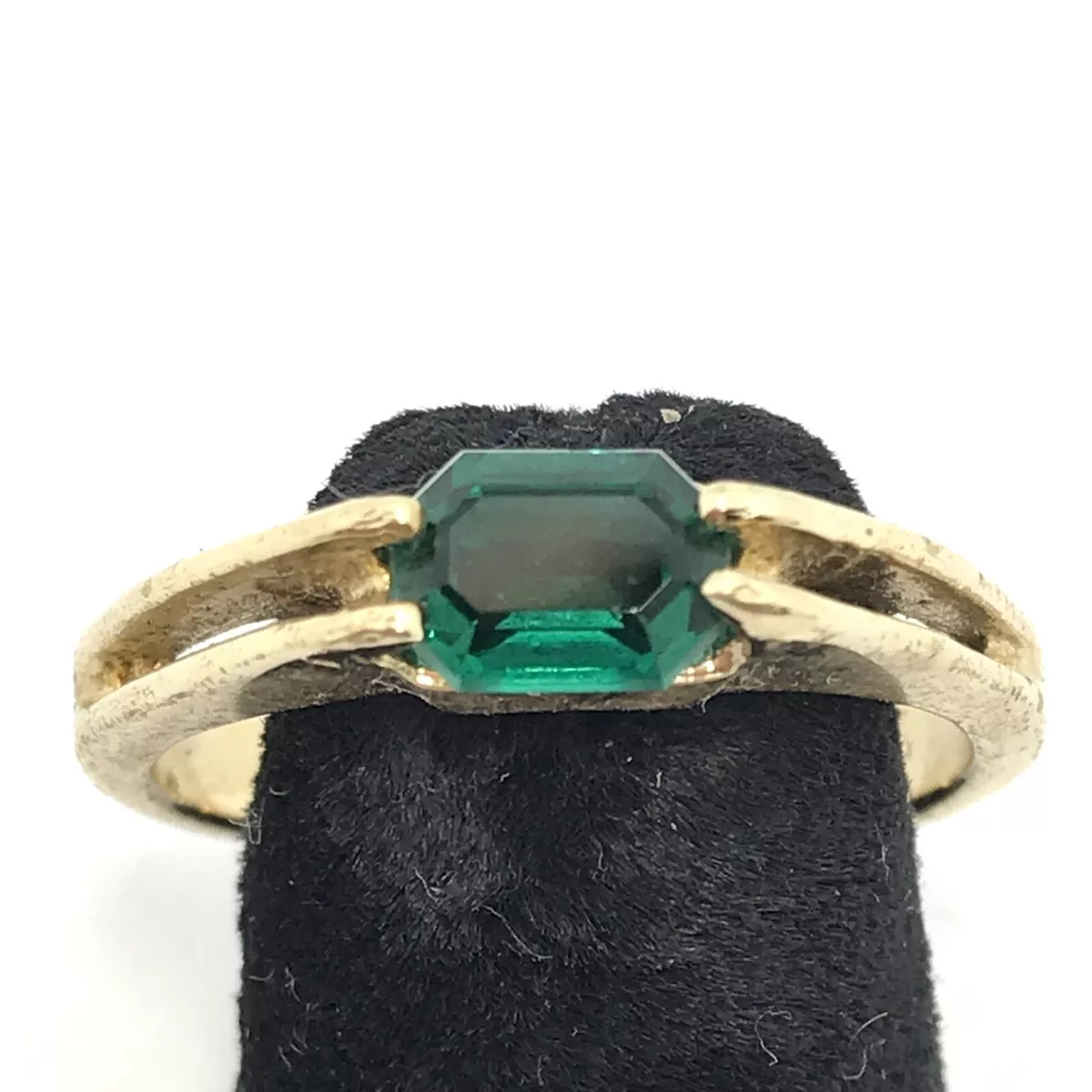 Vintage Signed A 18K HGE Gold Plated Emerald Green Crystal Ring sz