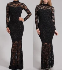 Plus Size Black Lace Sparkling Bodycon Mermaid Maxi Dress Gown 2X 2XL