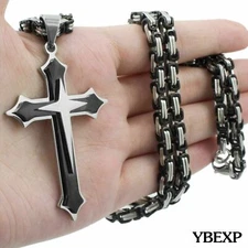 18''-36''Men Stainless Steel Cross Pendant Black Necklace Byzantine Box Necklace