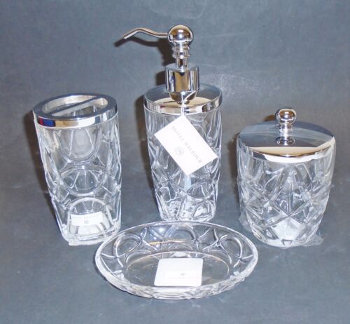 HOTEL BALFOUR 4 PC CLEAR 3D GLASS CRYSTAL CIRCULAR PATTERN SOAP DISPENSER+JAR+2