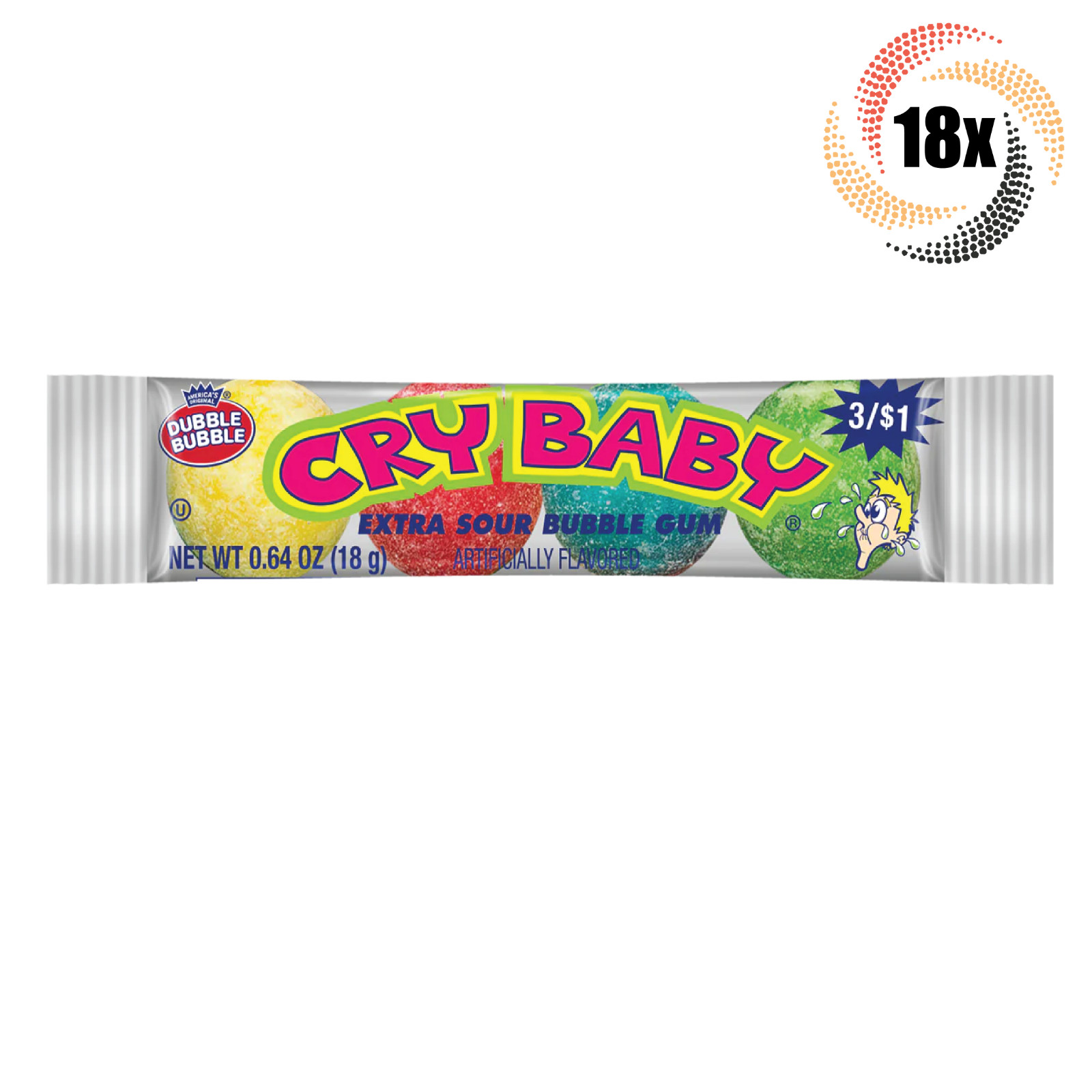18 упаковок шариков жевательной резинки Dubble Bubble Cry Baby Sour Flavor | по 4 жевательных конфеты | 0,64 унции