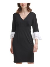 DKNY Womens Black Zippered 3/4 Ruffle-sleeve V Neck Wear To Work Dress 6